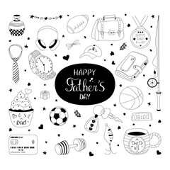 Set of Father's Day clipart. Hand drawn Father's Day doodle symbols, best dad greetings, Fatherhood, accessories for business, sports, leisure, hobbies for design. Isolated on white background
