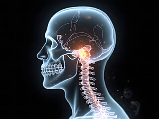 This 3d illustration shows a human head x-ray anatomy with the brain visible inside the skull, a medical scan