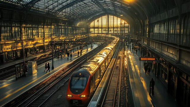 A train is sitting on the tracks at a train station. The train is orange and is surrounded by people