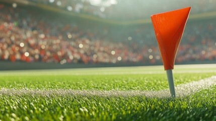 Vibrant close-up of a football field's corner flag sports venue photography outdoor setting low angle perspective focus on motion and color