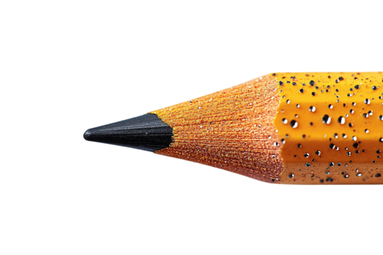 A close-up of a sharpened pencil tip, dotted with black specks, isolated on a transparent background
