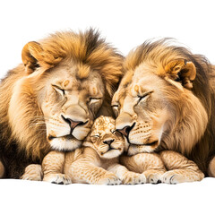 Fototapeta premium A heartwarming lion family cuddles showcasing deep parental love and tender on transparent background