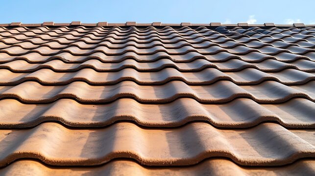Close-up of a terracotta tiled roof under clear sky