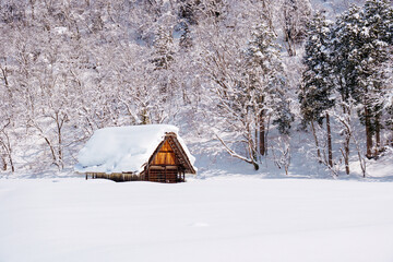Shirakawa-go, a historic Japanese village in Gifu, Japan, covered in snow during winter.