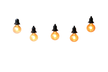 A minimal row of five glowing bulbs, glowing warmly, isolated on a transparent background