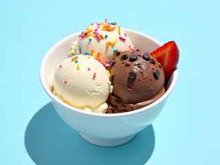 Delicious sweet chocolate ice cream, a cold dessert, often enjoyed in a bowl or as a scoop