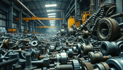 A Depiction of Industrial Scrap and Components Inside a Manufacturing Factory