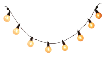 A string of warm-glowing round bulbs hangs in a curve, perfect for cozy decor, isolated on a transparent background