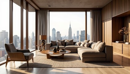 Fototapeta premium Modern living room with scenic city view at sunset 