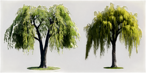 Set of Salix babylonica (Babylon willow or weeping willow) frontal set street trees isolated png on a transparent background
