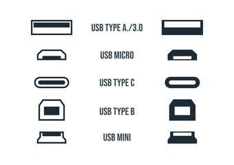 Usb port vector set - type-a, type-c, usb micro, usb mini, type-b and usb 3.0
