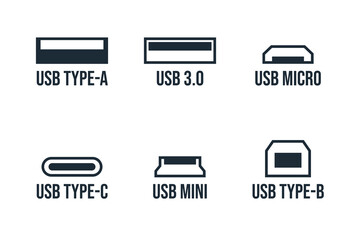 Usb port vector set - type-a, type-c, usb micro, usb mini, type-b and usb 3.0