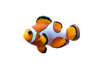 Bright orange clownfish with vivid white and black stripes swims gracefully, isolated on a transparent background