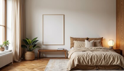 Fototapeta premium Modern bedroom interior with cozy decor and natural light 