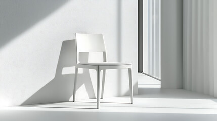 A white chair is sitting in a room with a white wall