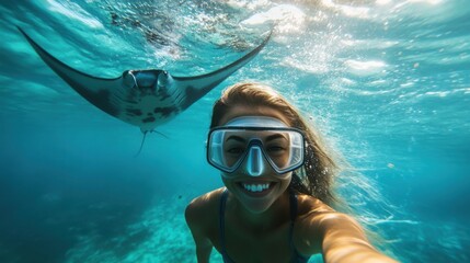 A serene underwater selfie with a manta ray gliding overhead 
