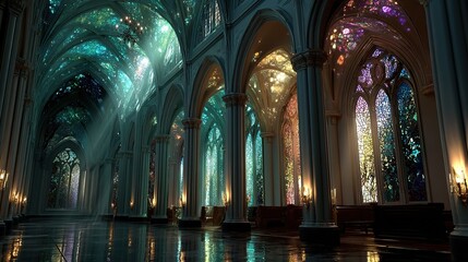 Naklejka premium Interior view of a grand hall with arched windows and colorful light.