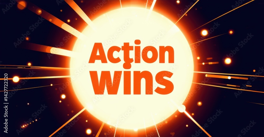 Fototapete bright orange circle displays action wins text. background features dark space, radiating lines, glo