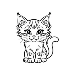 Cute Cartoon Kitten Line Art Vector – Black Outline Sitting Cat with Big Eyes on White Background for Coloring Page or Design
