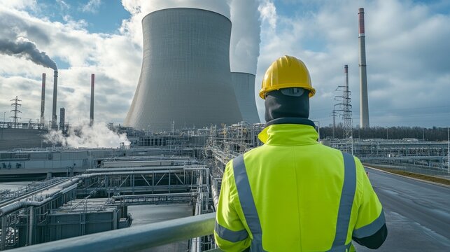 Safety assessment report nuclear power plant worker inspects infrastructure in industrial environment