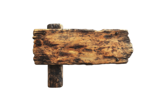 Heavily weathered wooden plank nailed to a thick post, burnt edges, rustic and rugged appearance, isolated on a transparent background