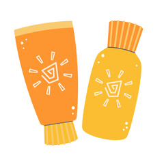 Two colorful sunscreen bottles and lotions. Ideal for summer, beach, or skincare projects