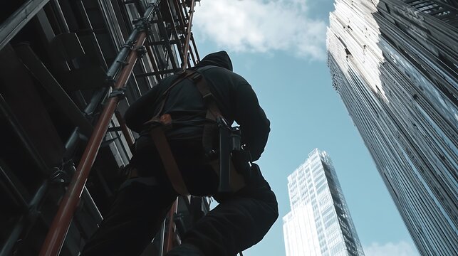 Construction Worker on Scaffolding with High-Rise Buildings in Background - Powered by Adobe