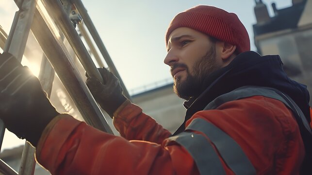 Man in Red Beanie and Safety Vest Climbing Ladder