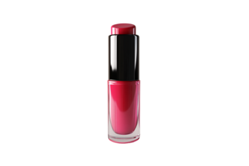 Sleek red lipstick in a tall transparent and black tube, modern design, vivid glossy color, isolated on a transparent background