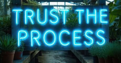 Bright neon sign displays TRUST THE PROCESS. Lush greenery surrounds it. Blue glow contrasts with dark background. Inspiring message, positive vibes.