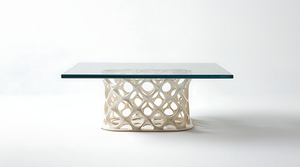 A glass table with a white base and a blue top