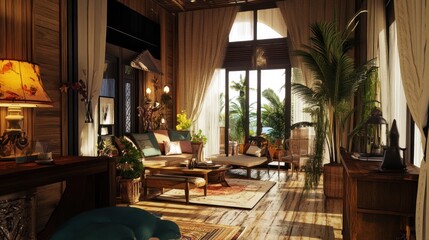 Fototapeta premium serene tropical living space with natural light wooden accents and lush greenery creating a calming indoor-outdoor experience