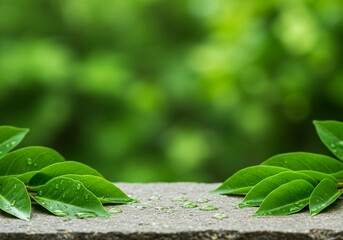 The photograph captures fresh green leaves adorned with water droplets resting on a textured stone surface, set against a soft blurred green natural background.