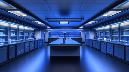 Obraz premium illuminated research lab bathed in calming blue light showcasing advanced equipment and meticulous workspace environment for innovative discoveries