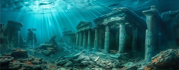 Ancient Lemuria city underwater, glowing architecture, mystical,realistic 