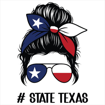 Texas Mom Messy Bun illustration vector, Mama Messy Bun Hairband clipart, Texas flag Messy Bun Design For Mom

