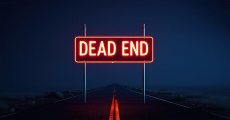 Neon dead end sign pulsing in crimson red at end of dark road deep navy and bright silver symbolizing finality and warning