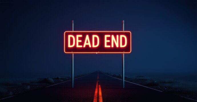 Neon dead end sign pulsing in crimson red at end of dark road deep navy and bright silver symbolizing finality and warning