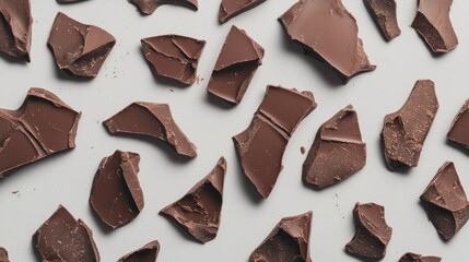 Broken dark chocolate pieces scattered on a light surface