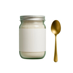 A glass jar of yogurt with spoon isolated on transparent background 