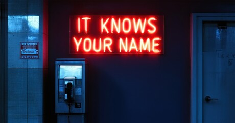 Neon it knows your name sign pulsing in red above lonely payphone deep navy and bright silver symbolizing supernatural horror