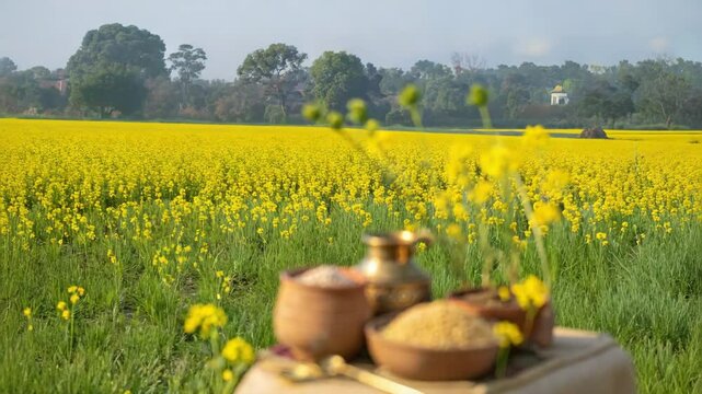 Vibrant rural landscape with traditional pots and blossoming mustard fields. Indian harvest festival - pongal