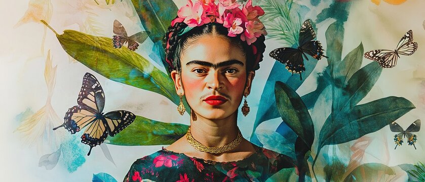 Portrait of a person with flowers and butterflies in a colorful setting.