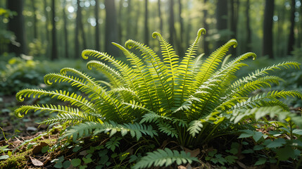 A patch of ferns unfurling their fronds in the dappled sunlight of a woodland