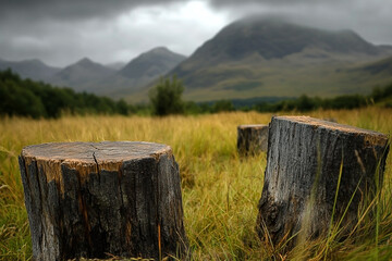 Gloomy highland landscape featuring tree stumps and distant mountains