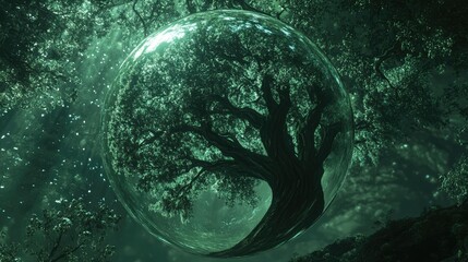 a close up of a glass ball with a tree inside, tree of life inside the ball