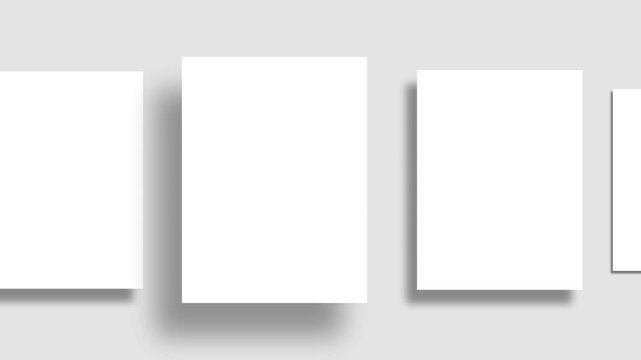 Animated Group of White Blanks Mockups with Shadows lying on Neutral Light background (Flat lay Animation) . Paper Blank Mock Up. Branding Identify, Business Cards or Magazine pages and Social Posts.