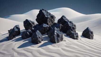Dark rocks in a white desert landscape at night