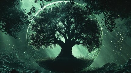 a close up of a glass ball with a tree inside, tree of life inside the ball