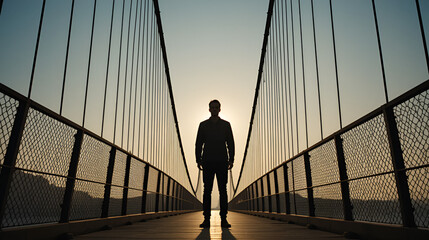 A man appears in silhouette standing tall in the middle of a suspension bridge, a man of individualism, introversion and looking for peace in the afternoon